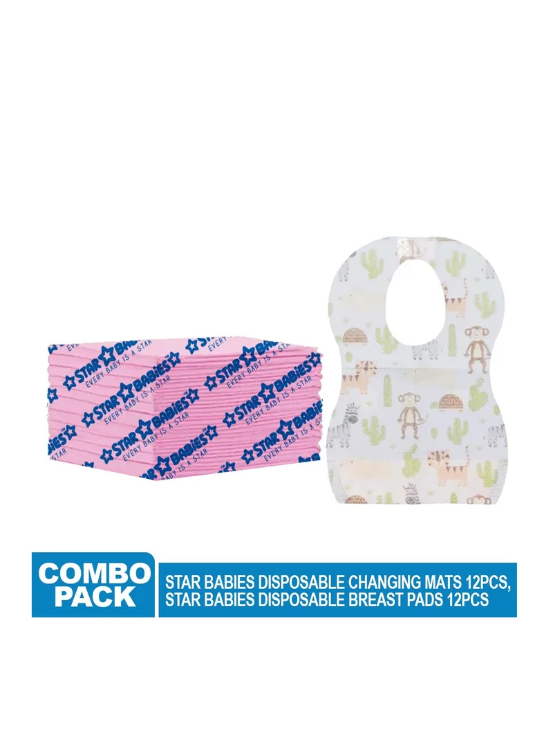 ستار بيبيز Star Babies Disposable Combo pack (Changing Mat 12pcs, Bibs 12pcs)-Pink